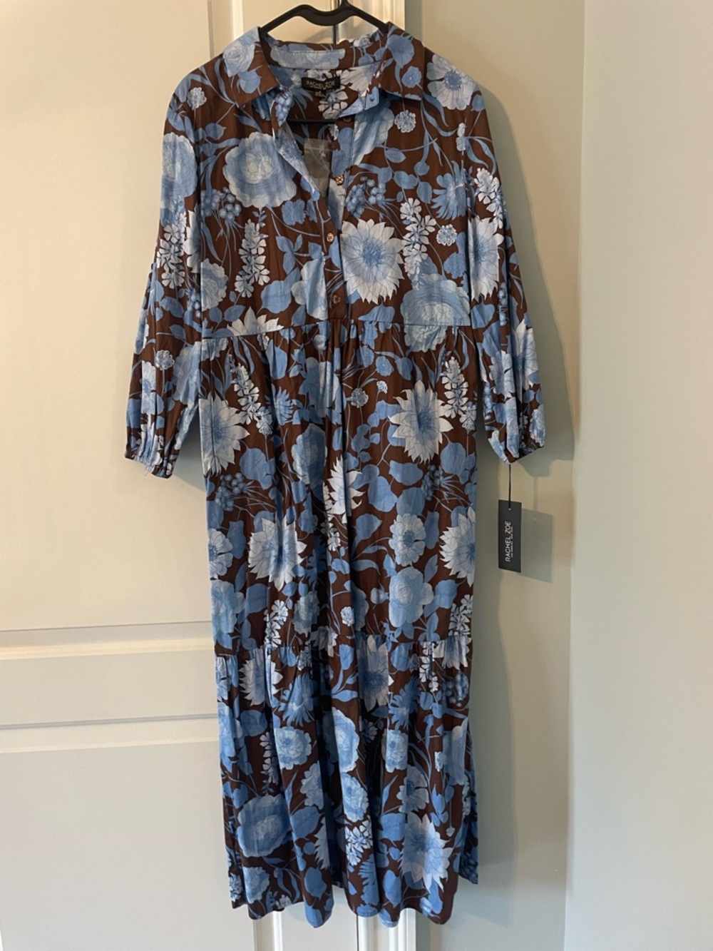 Rachel Zoe Brown Maxi Dress with Blue Floral Print
